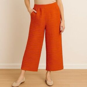 IC COLLECTION Pants Wide Leg Cropped Pockets Cotton Textured Orange Size Large